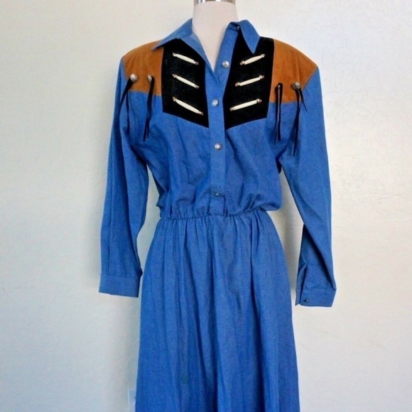 Diamond L Dresses & Skirts - Diamond L Western Wear Fringed Denim Leather Dress